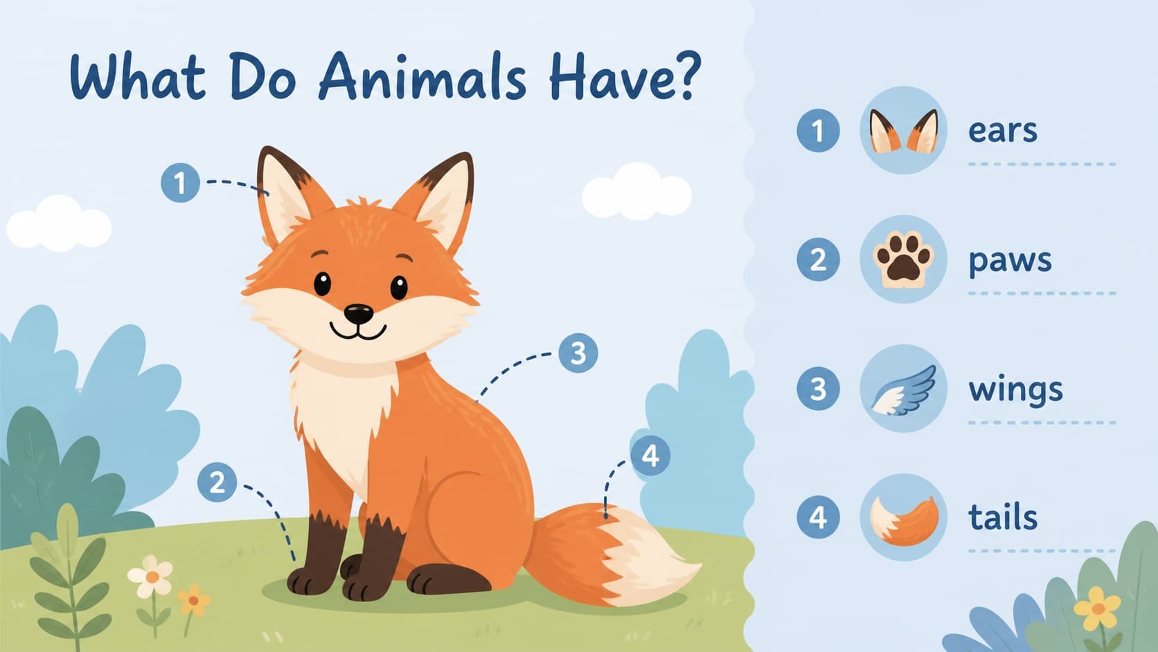 Animal body-parts activity slide showing simple labels for ears, paws, wings, and tails.
