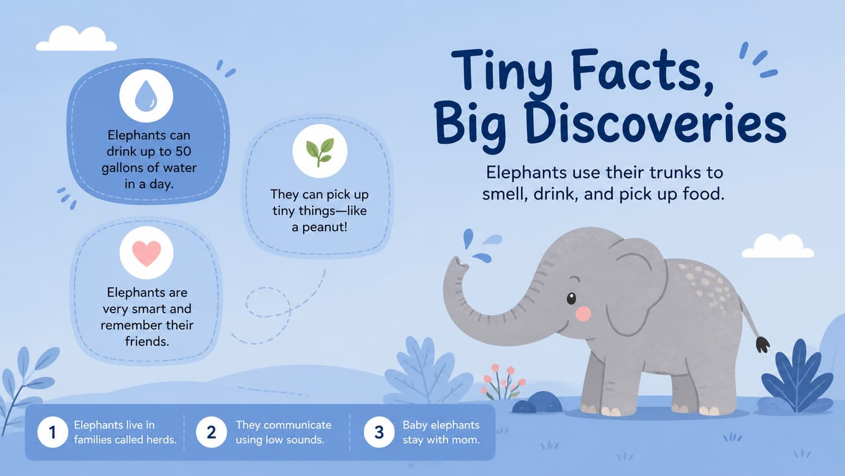 Animal facts slide presenting short preschool-friendly facts beside a large illustrated creature.