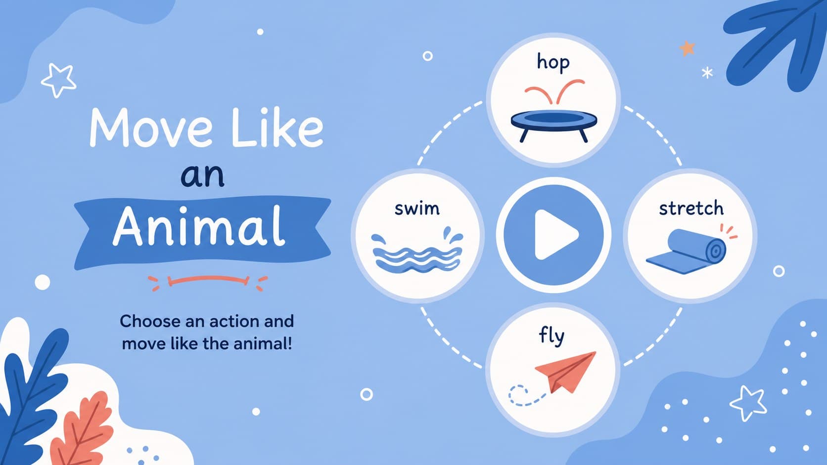 Animal movement slide inviting children to imitate hopping, stretching, swimming, and flying.