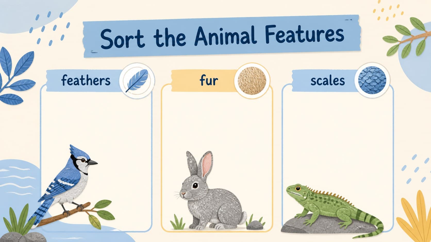Farm animal classification slide grouping illustrated animals by feathers, fur, and scales.