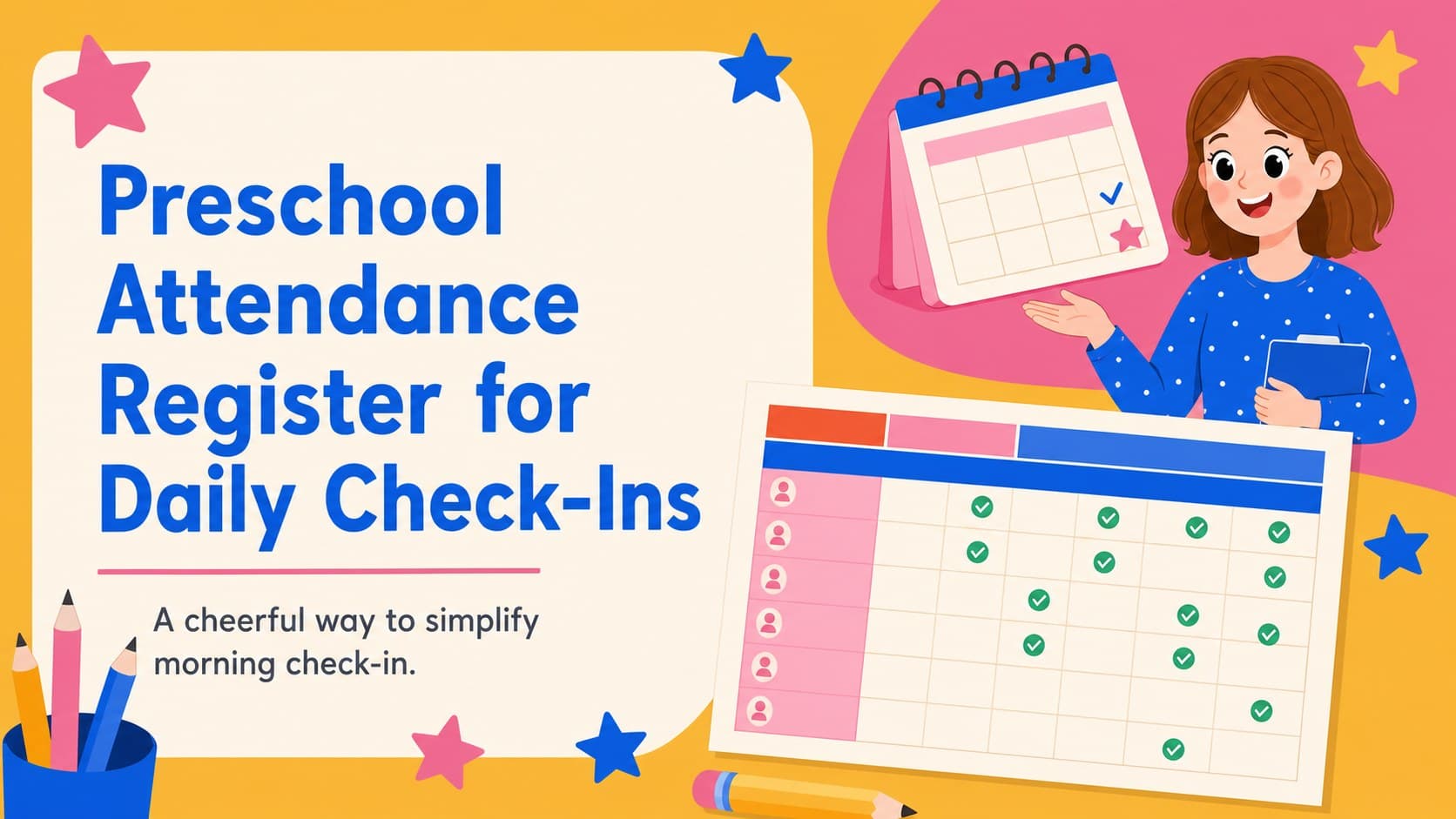 Colorful preschool attendance register cover with classroom check-in details in a friendly early-learning design.