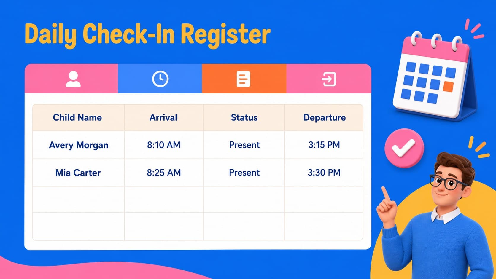 Preschool attendance register table showing child names, arrival status, and departure notes.
