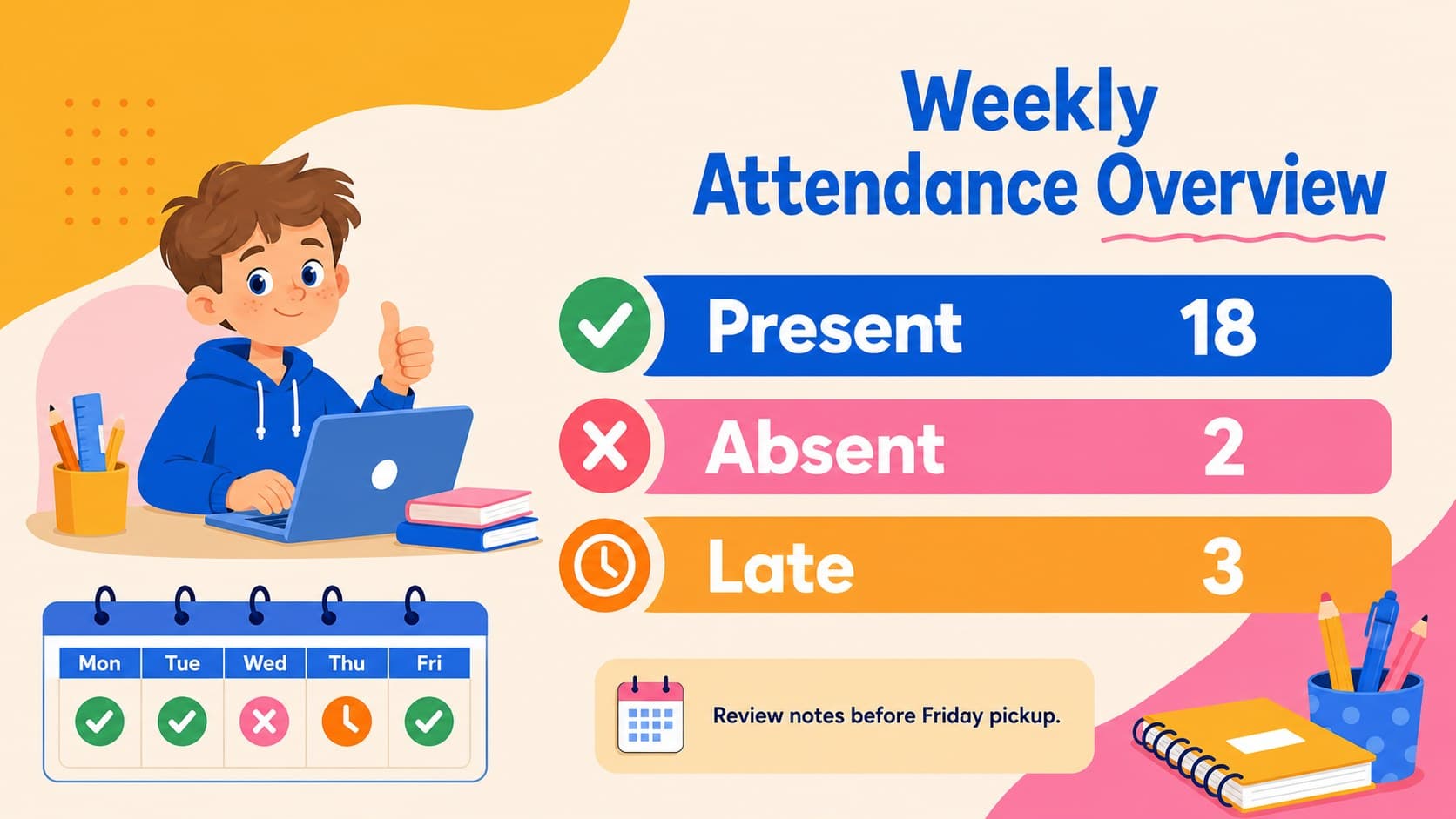 Early learning attendance tracker summary with present, absent, and late totals for a preschool group.