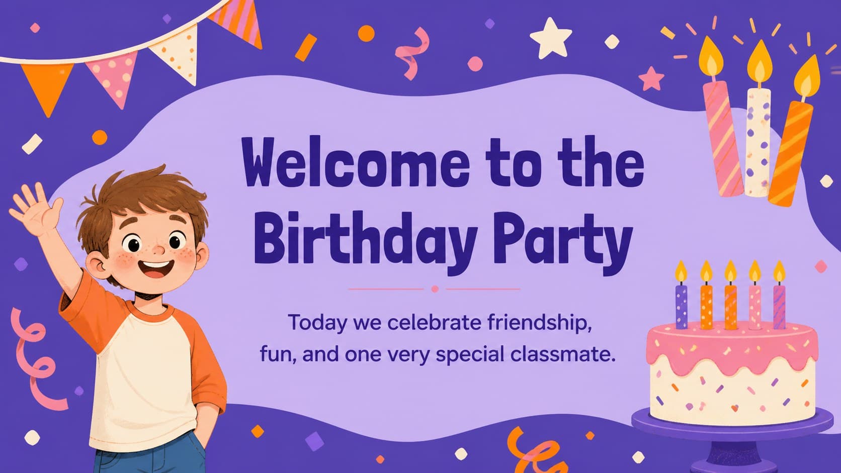 Birthday welcome slide introducing a preschool classroom celebration with a purple cake and colorful decorative shapes.