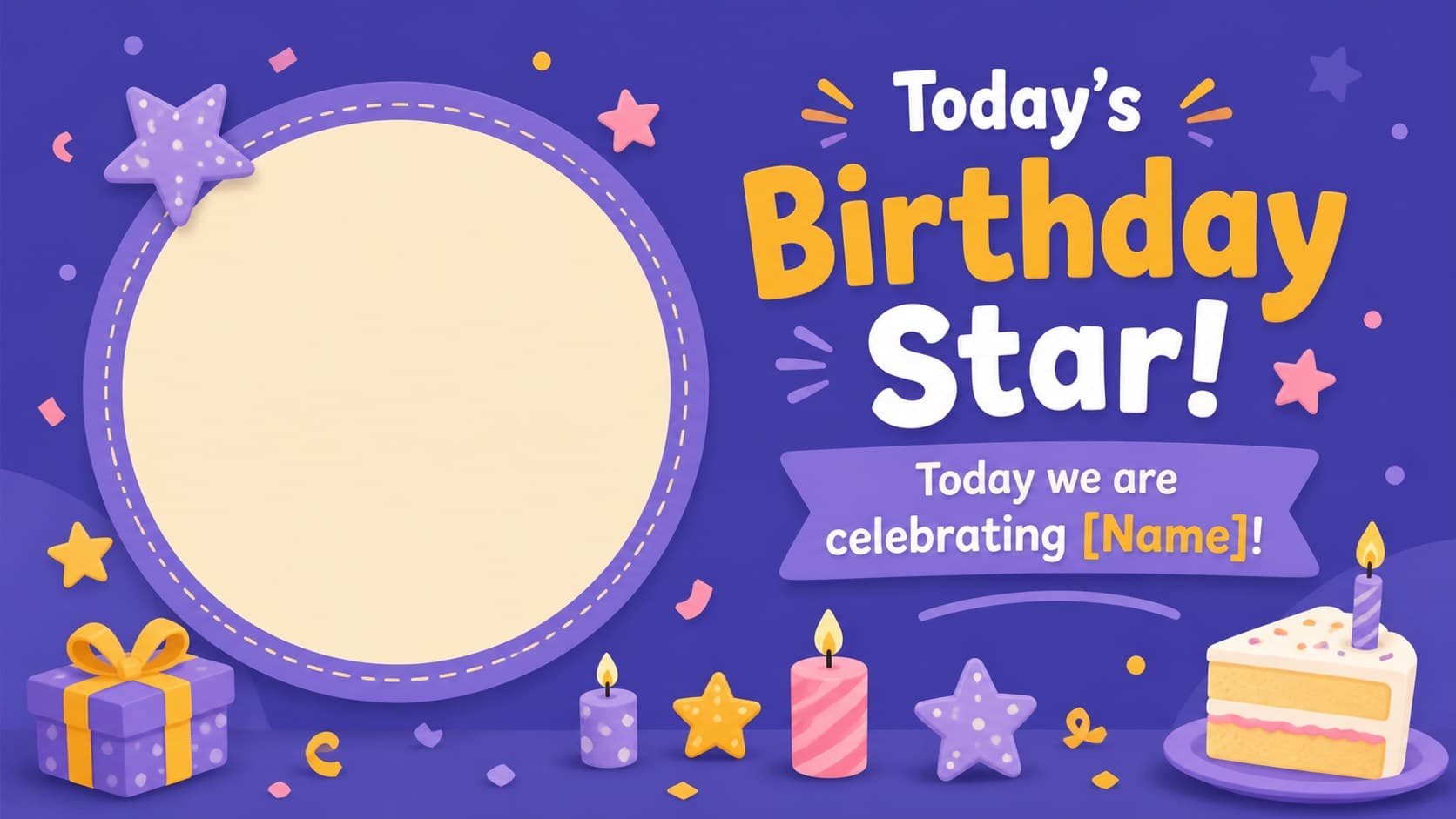 Birthday child spotlight slide with editable name space, purple stars, and a friendly illustrated cake motif.