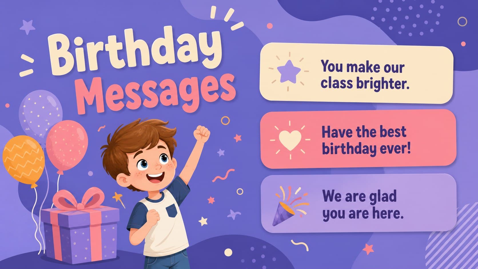 Classroom birthday greeting slide with short editable messages in a bright purple presentation layout.