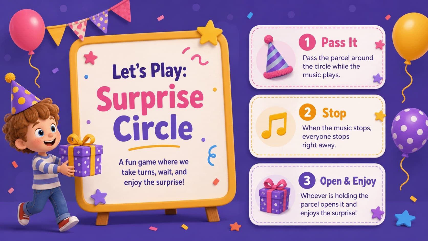 Birthday game activity slide outlining a simple preschool party game with colorful purple accents.