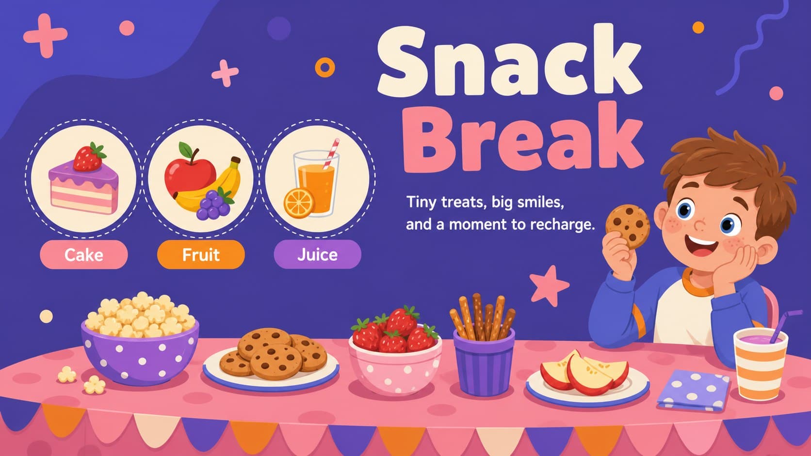 Preschool snack time slide featuring cake, fruit, and drink illustrations in a playful birthday layout.