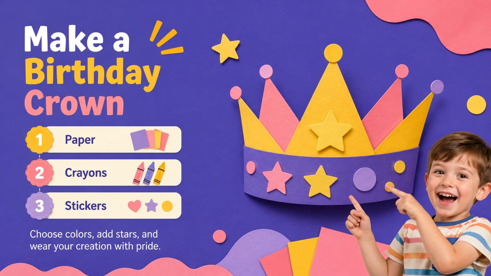 Birthday craft activity slide presenting a preschool party art project with purple paper shapes and candles.