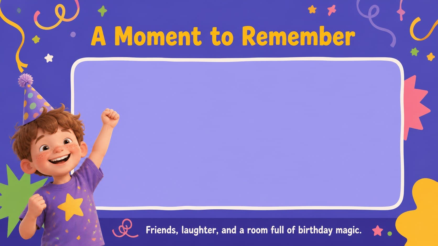 Preschool birthday photo moment slide with editable photo frames, purple confetti, and cheerful party details.