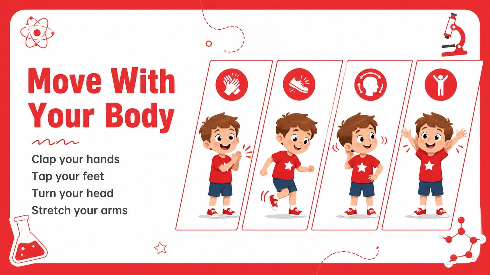 Movement prompt slide featuring colorful anatomy activities for kids and action-based body vocabulary.