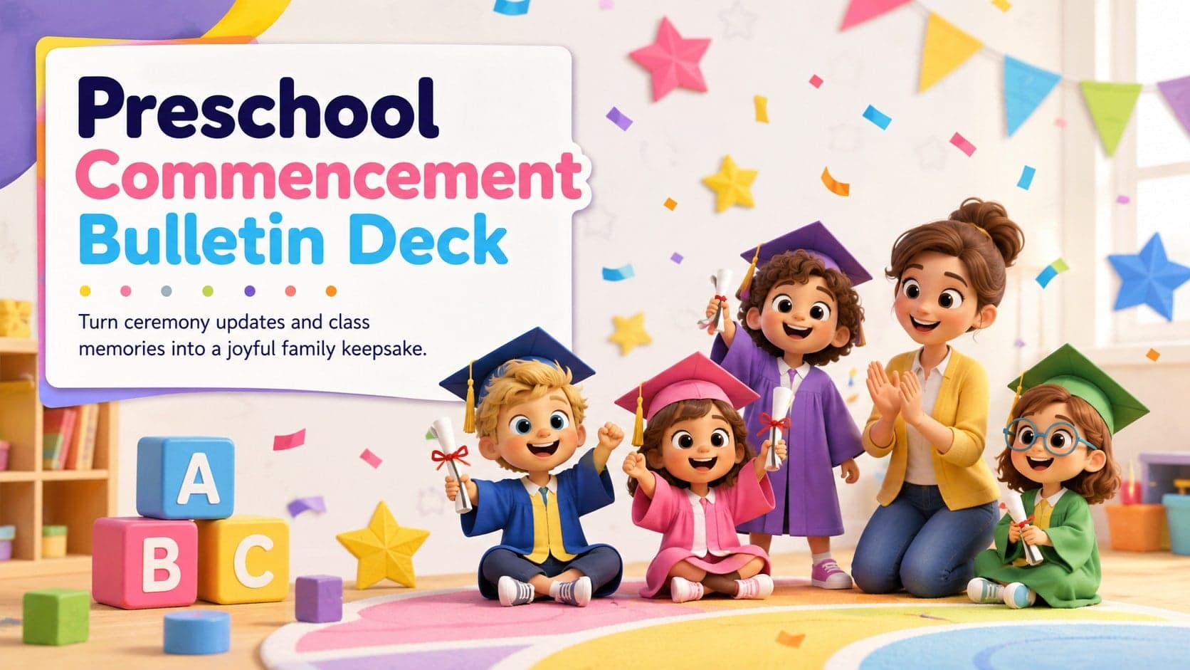Colorful cover for a preschool commencement bulletin deck with original 3D graduate characters and celebratory school decorations.