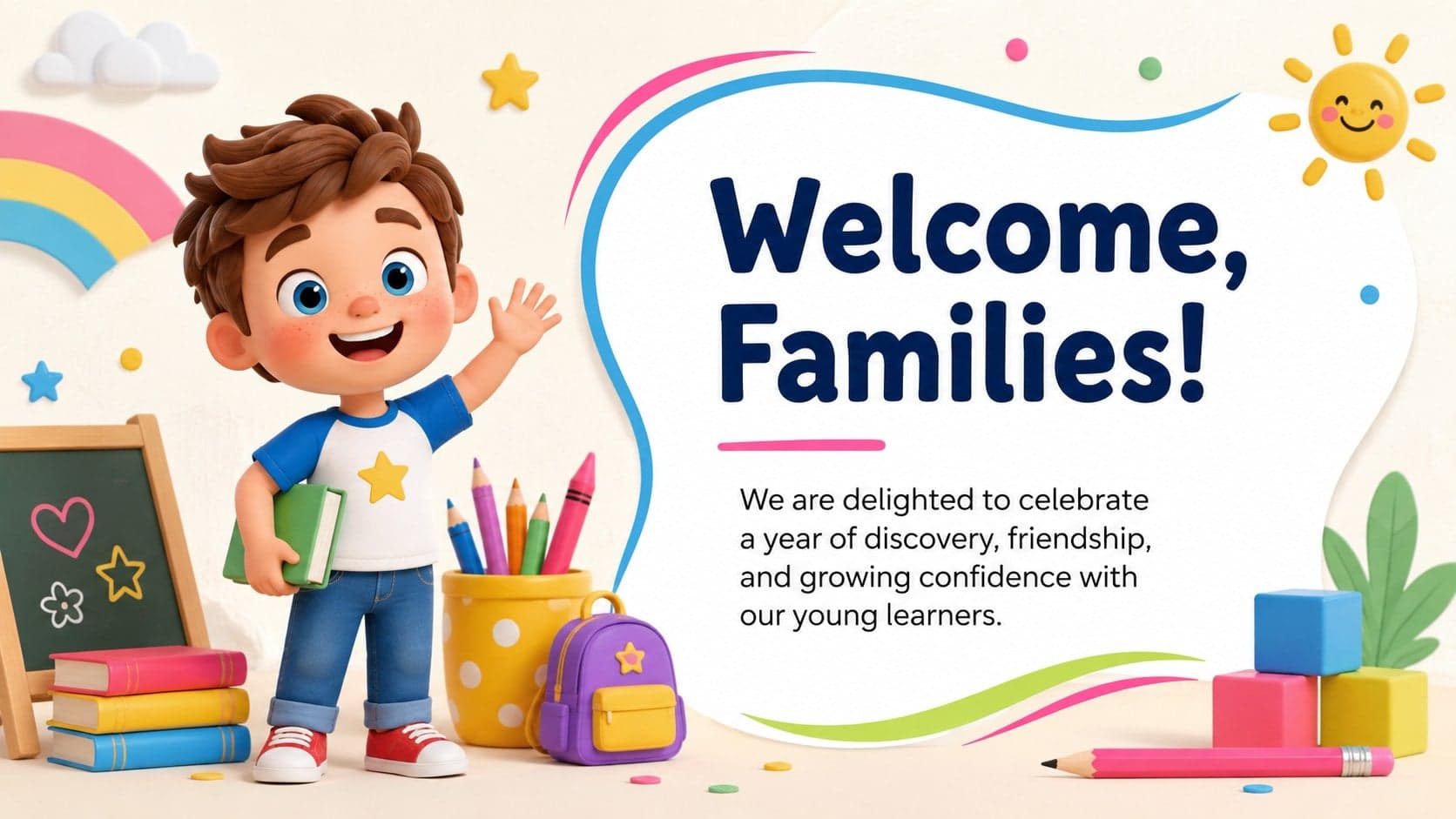 Preschool graduation welcome slide featuring a teacher message, colorful bunting, and an original 3D child character.