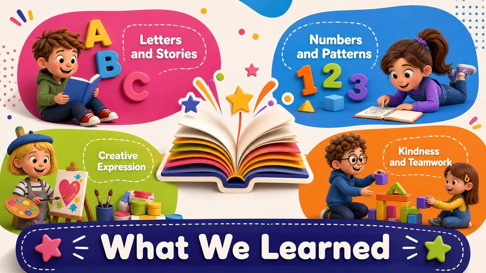 Preschool learning highlights slide with colorful icons for literacy, numbers, creativity, and social growth.