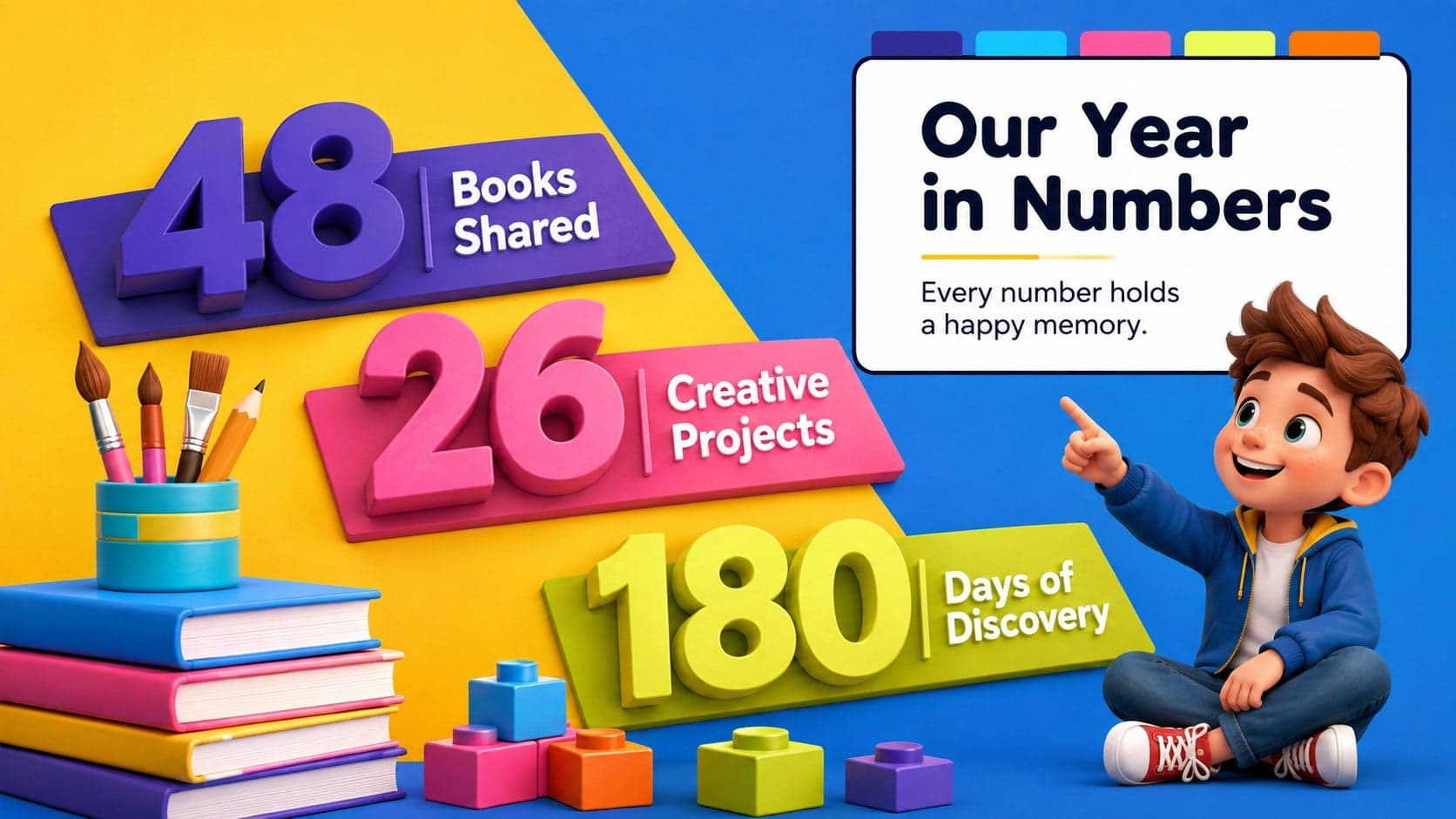 Colorful preschool class statistics slide presenting books read, projects completed, and memorable learning moments.