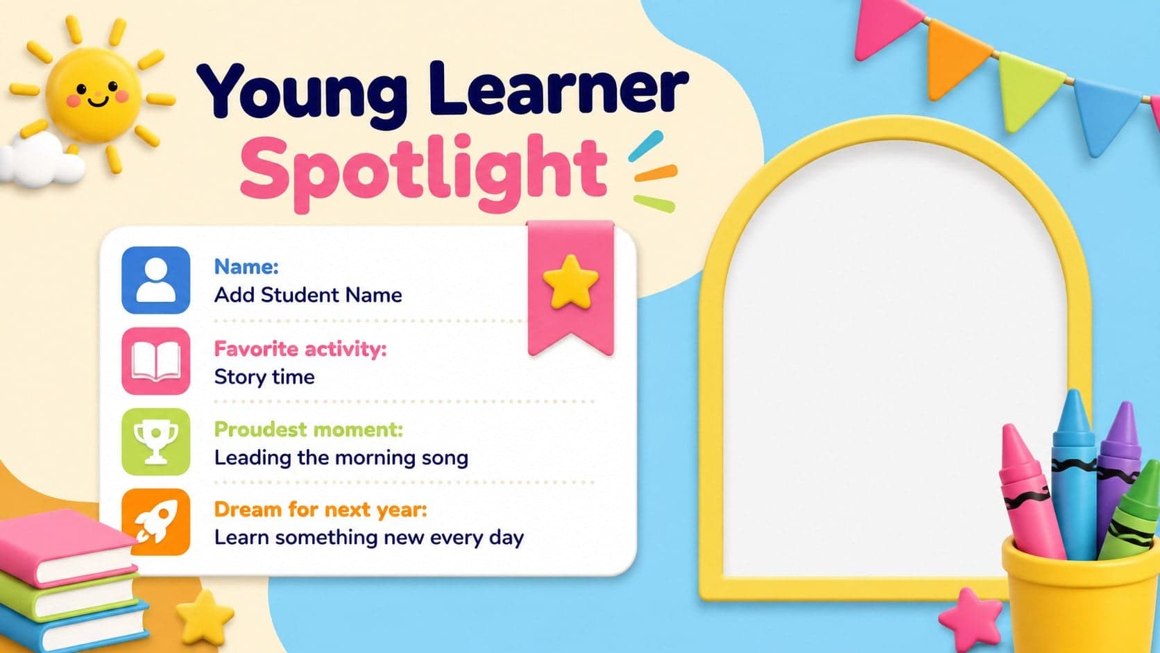 Young learner spotlight page with a photo placeholder and cheerful preschool achievement details.