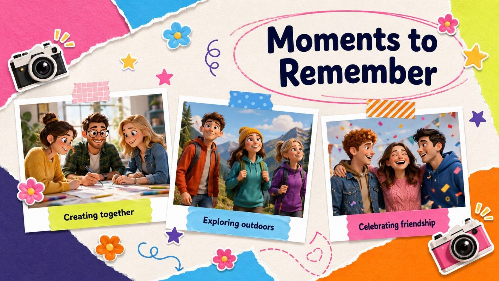 Preschool ceremony photo newsletter layout with three colorful frames for classroom memory pictures.