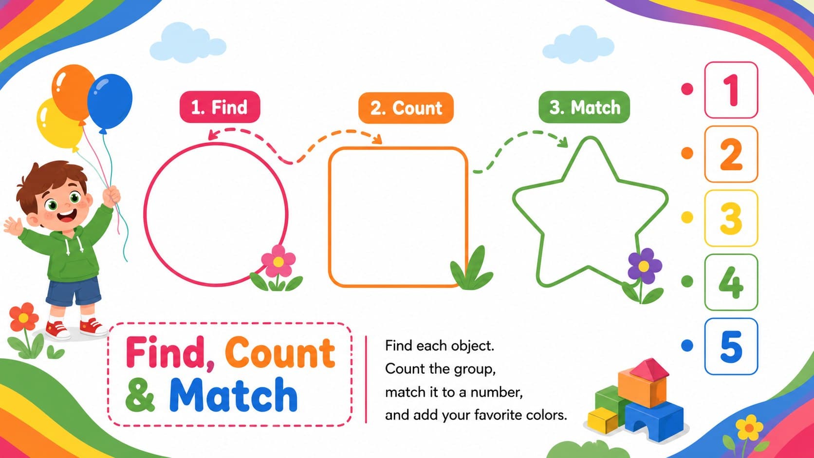 Editable number recognition activity with rainbow objects for children to find, count, match, and color.