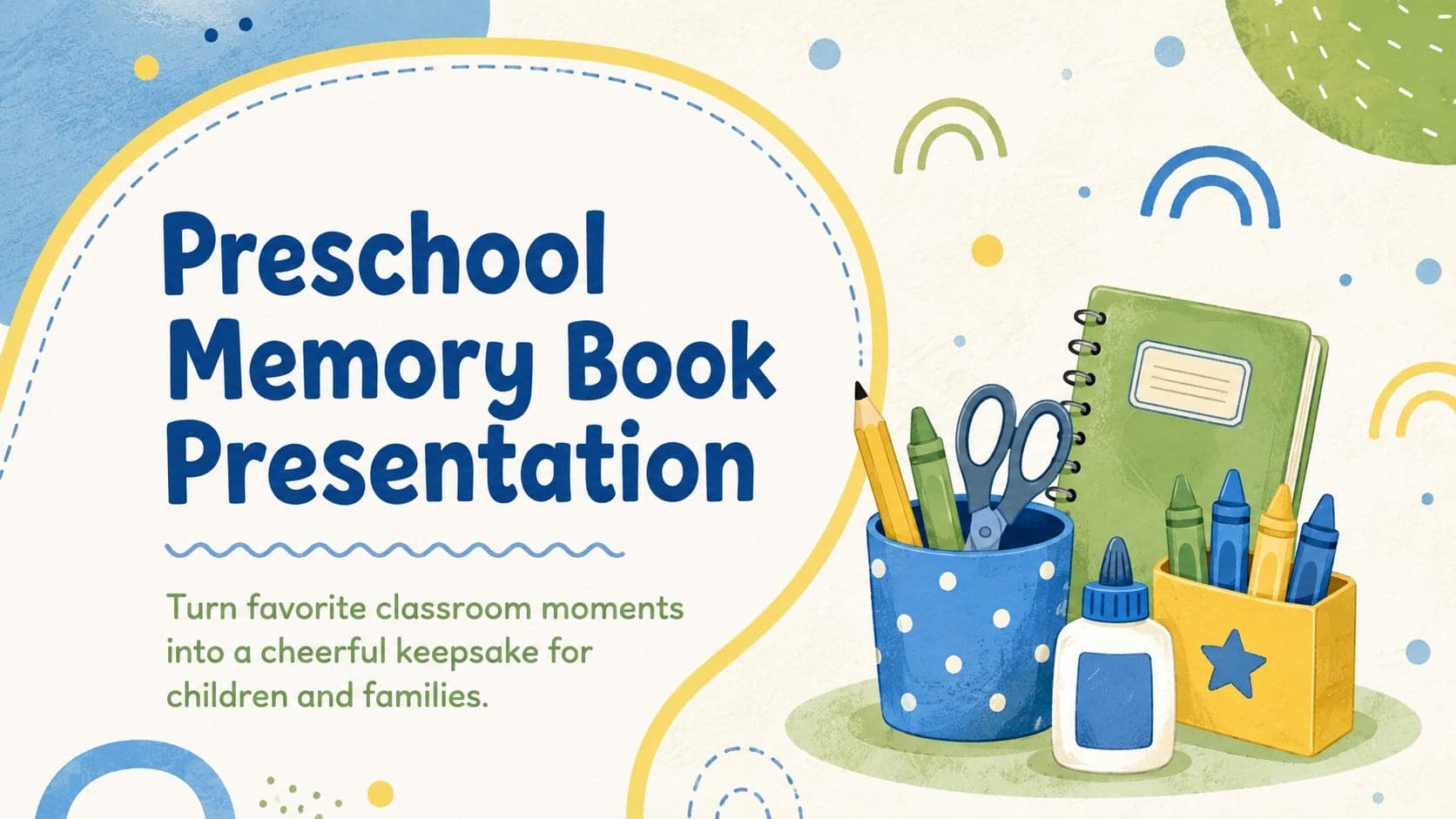 Cover of a colorful preschool memory book presentation with playful school illustrations in blue, green, and yellow.