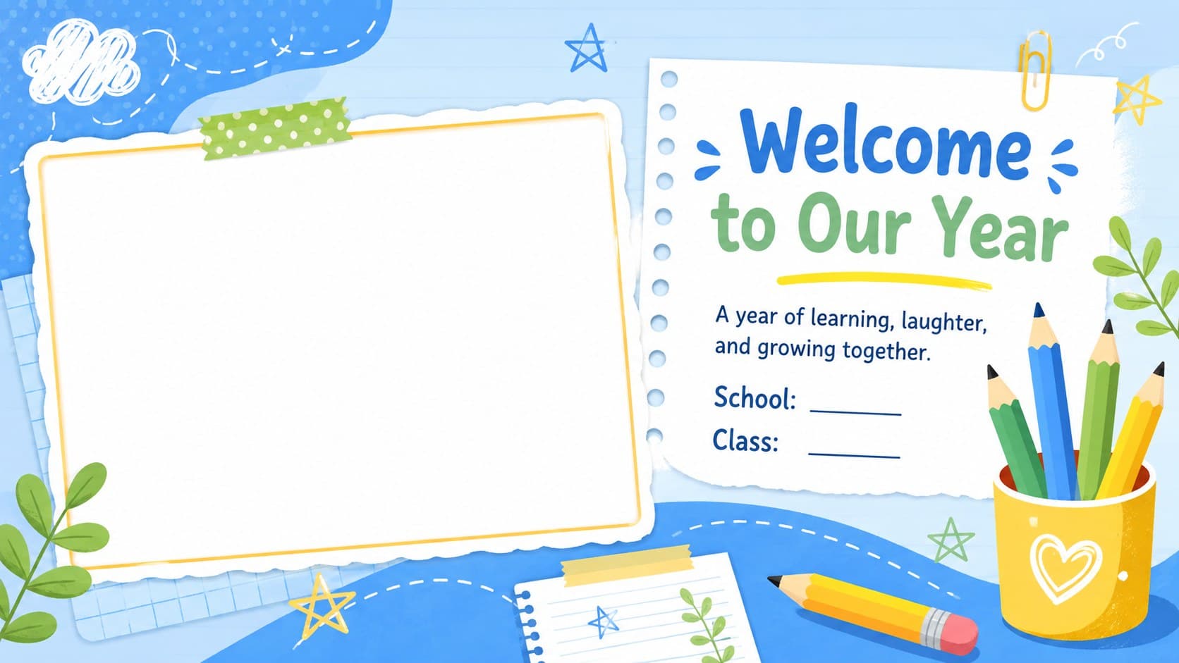 Welcome page from a preschool classroom memory book with space for the school name and class photo.