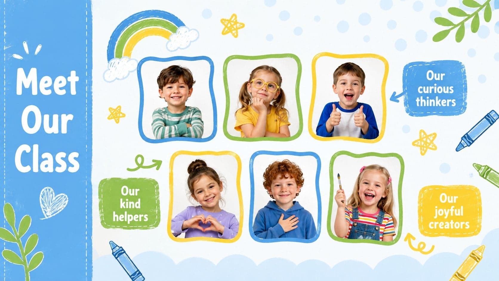 Meet our class layout featuring colorful portrait frames for a kindergarten class photo album.