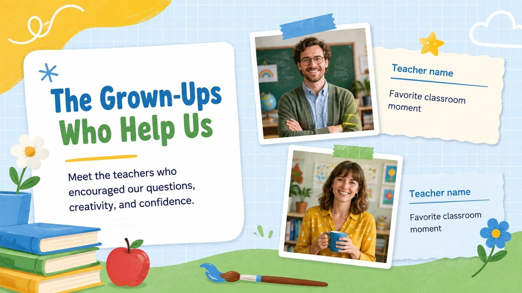 Preschool memory book teacher profile slide with two photo areas and friendly classroom illustrations.