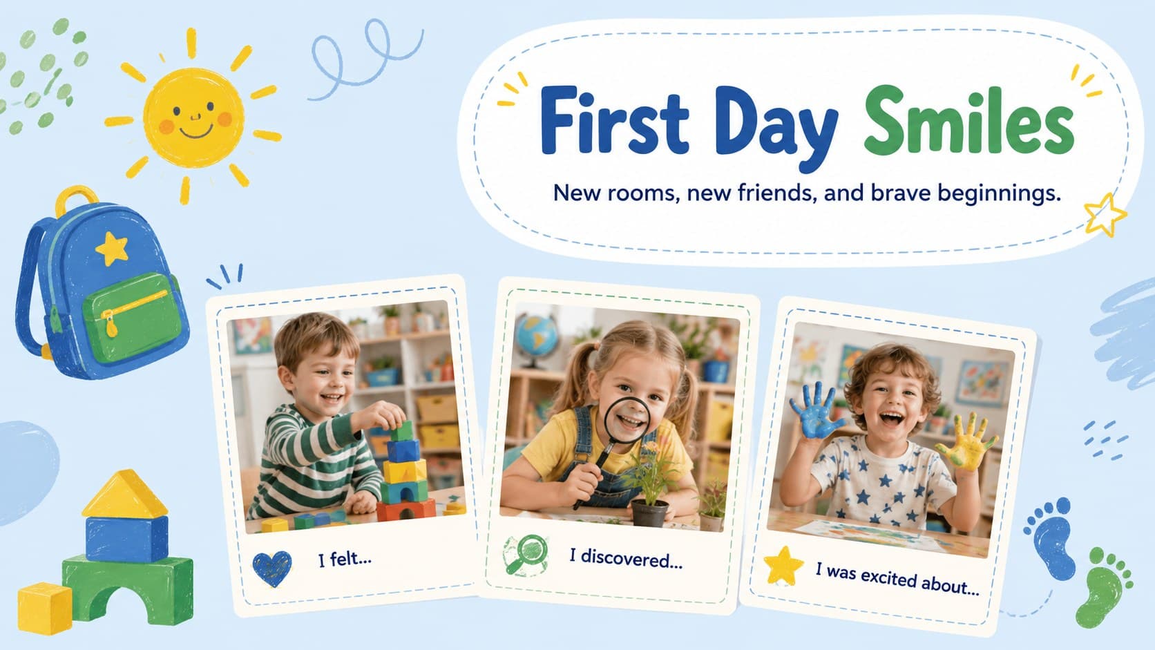 First day smiles page for an early learning year in review with three playful photo frames.