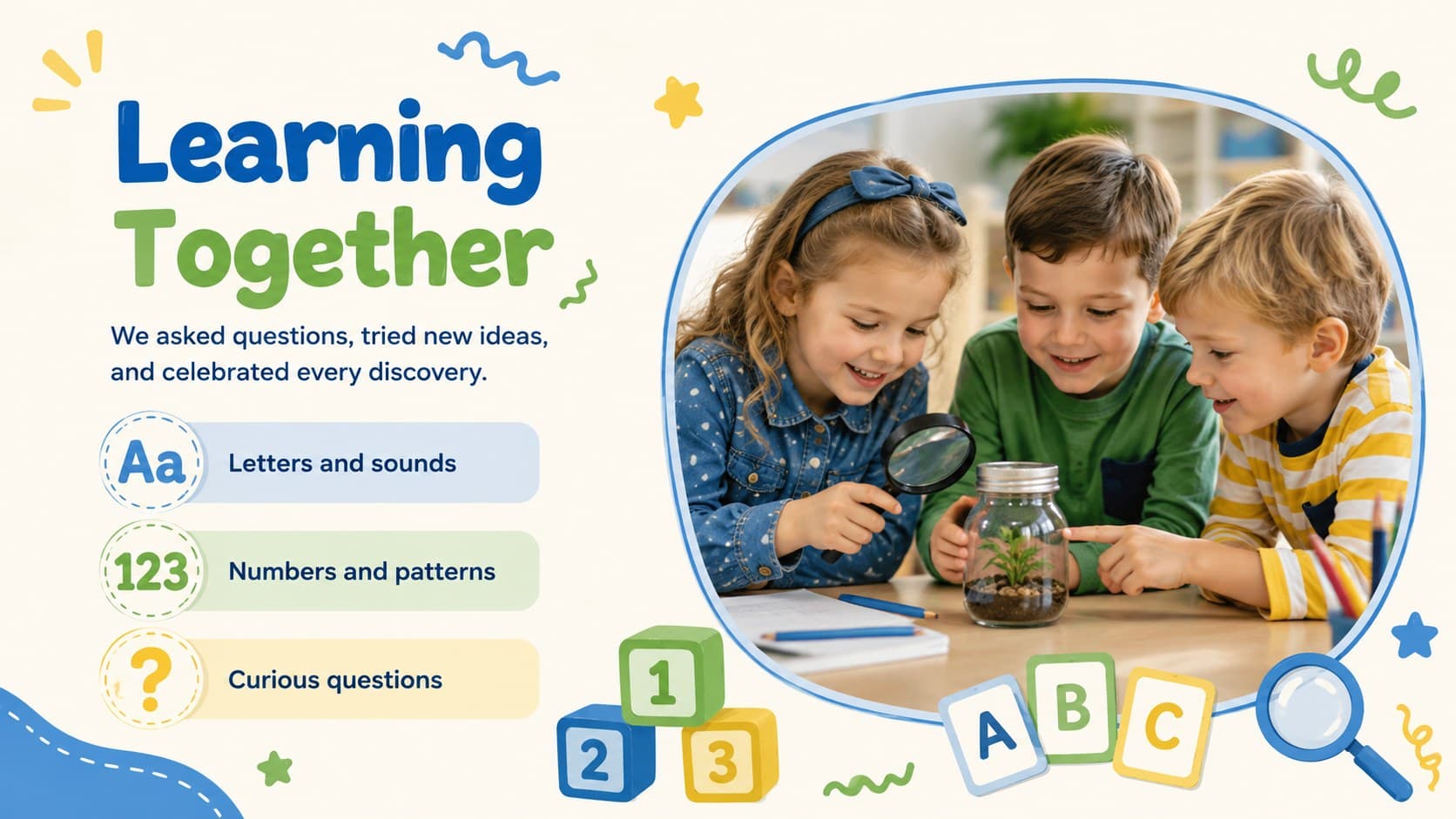 Learning together page in an illustrated preschool keepsake template with activity photos and milestone notes.