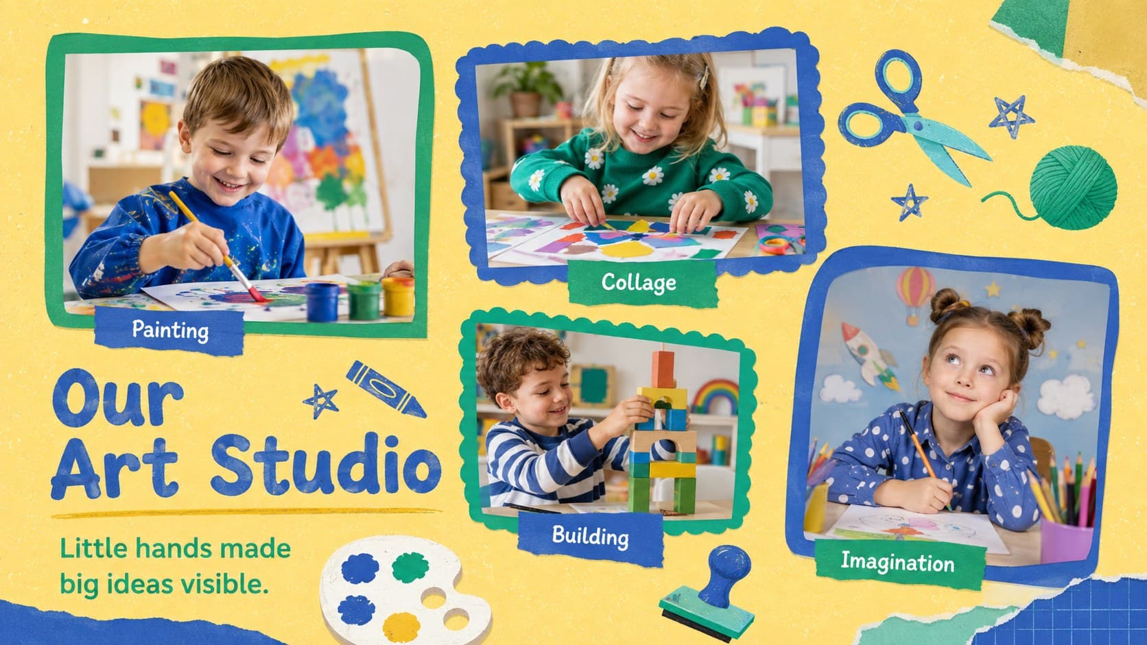 Art studio spread for a preschool end-of-year photo deck with colorful project frames and craft icons.