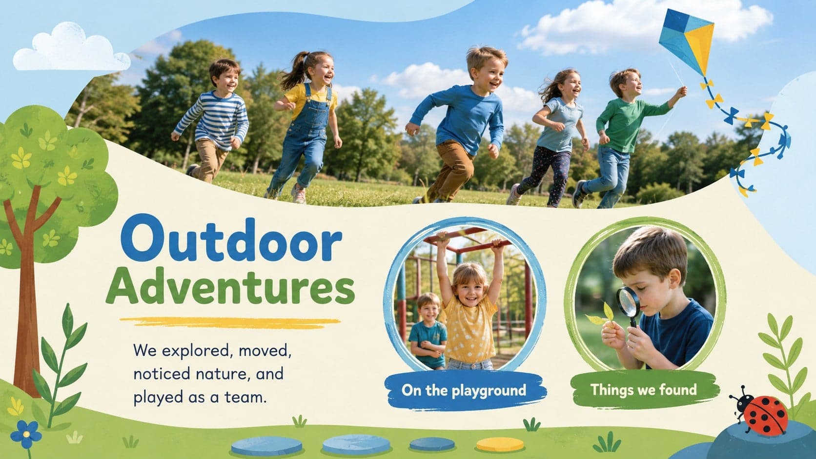 Outdoor adventures layout for a colorful kindergarten keepsake with nature-themed photo spaces.