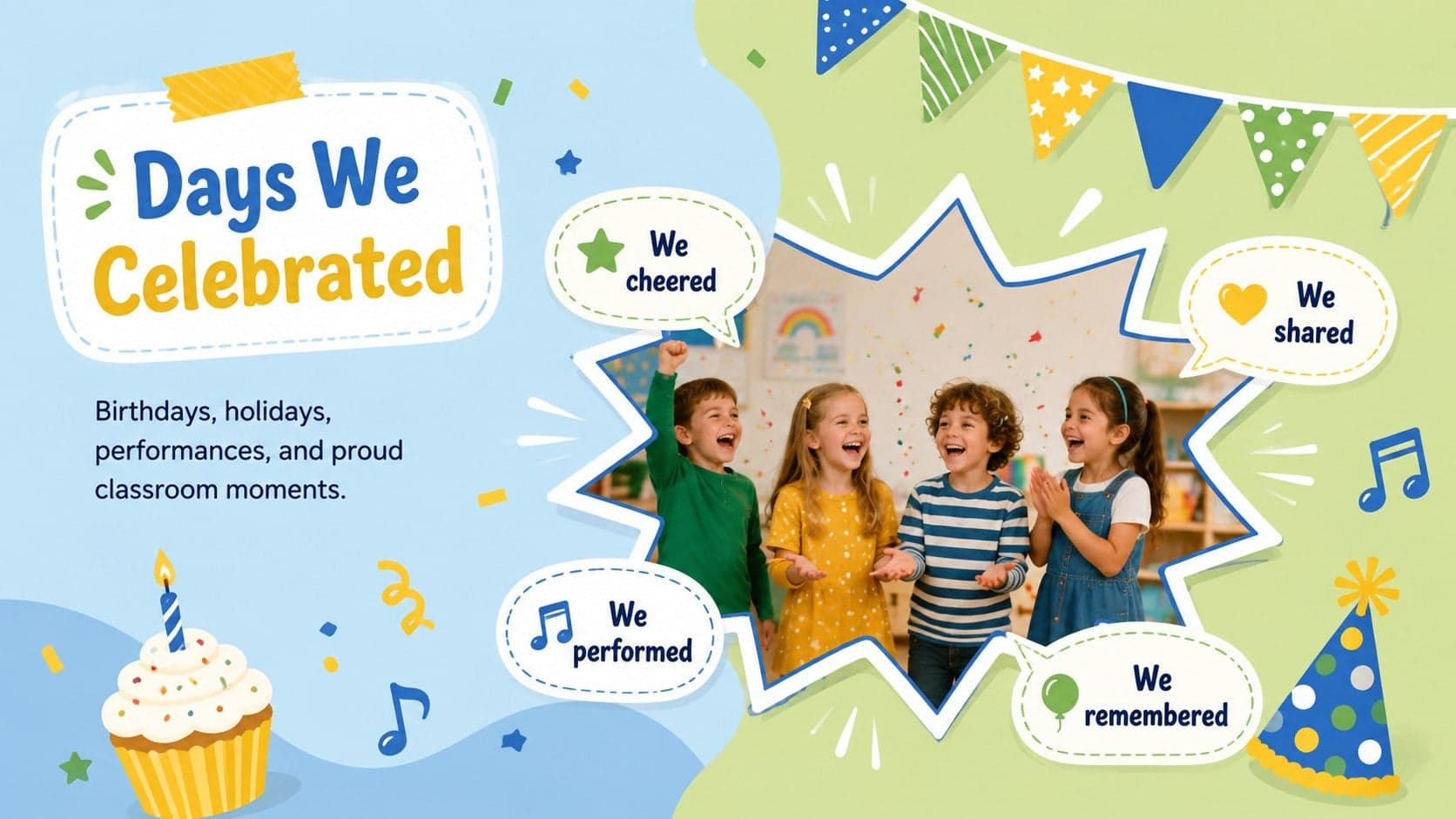Class celebrations page for a preschool graduation slideshow with festive photo frames and playful decorations.