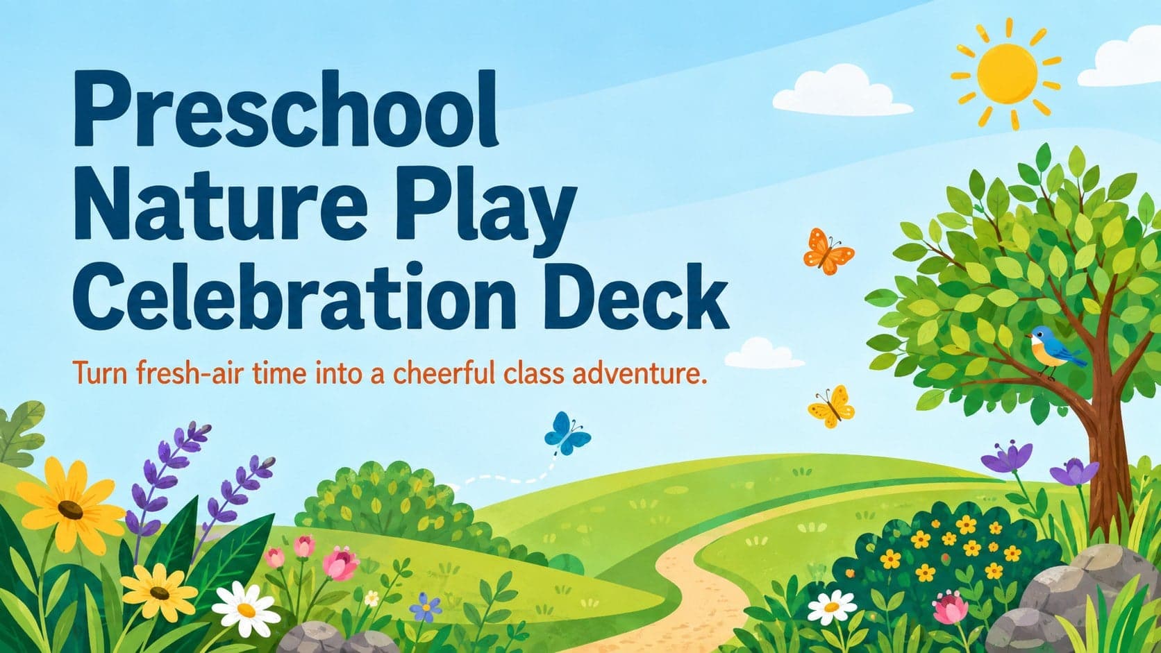 Cover of the Preschool Nature Play Celebration Deck with cheerful outdoor illustrations in blue and green.