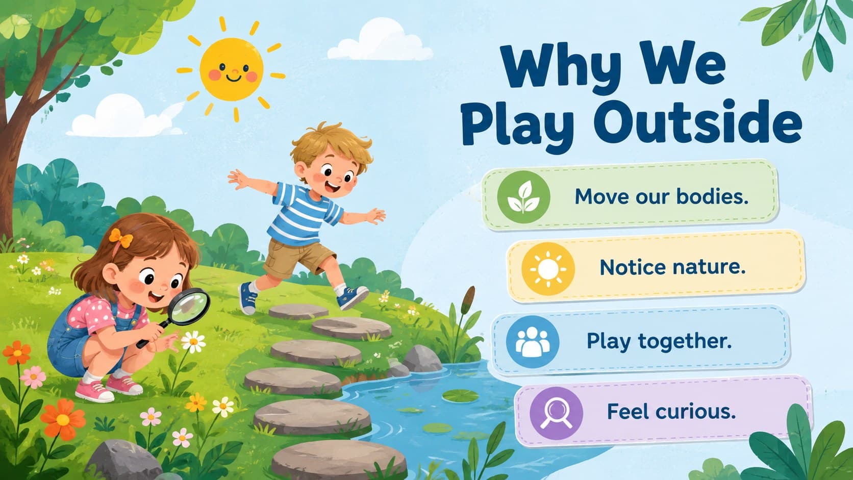 Preschool outdoor learning slide showing simple benefits of nature play for young children.