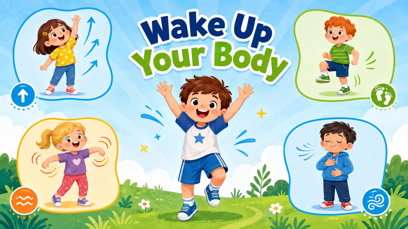 Outdoor gross motor activity slide with preschool warm-up actions and movement prompts.