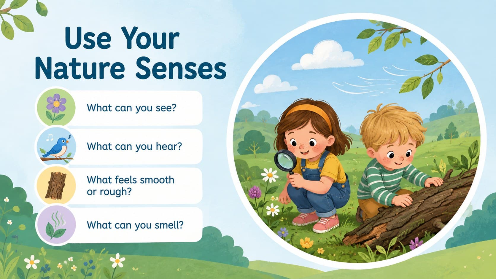 Preschool five senses nature walk slide featuring sight, sound, touch, and smell prompts.