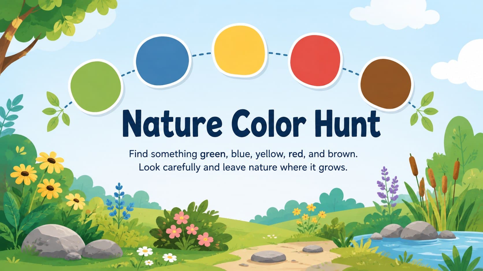 Color hunt activity slide for preschool children exploring natural objects outdoors.
