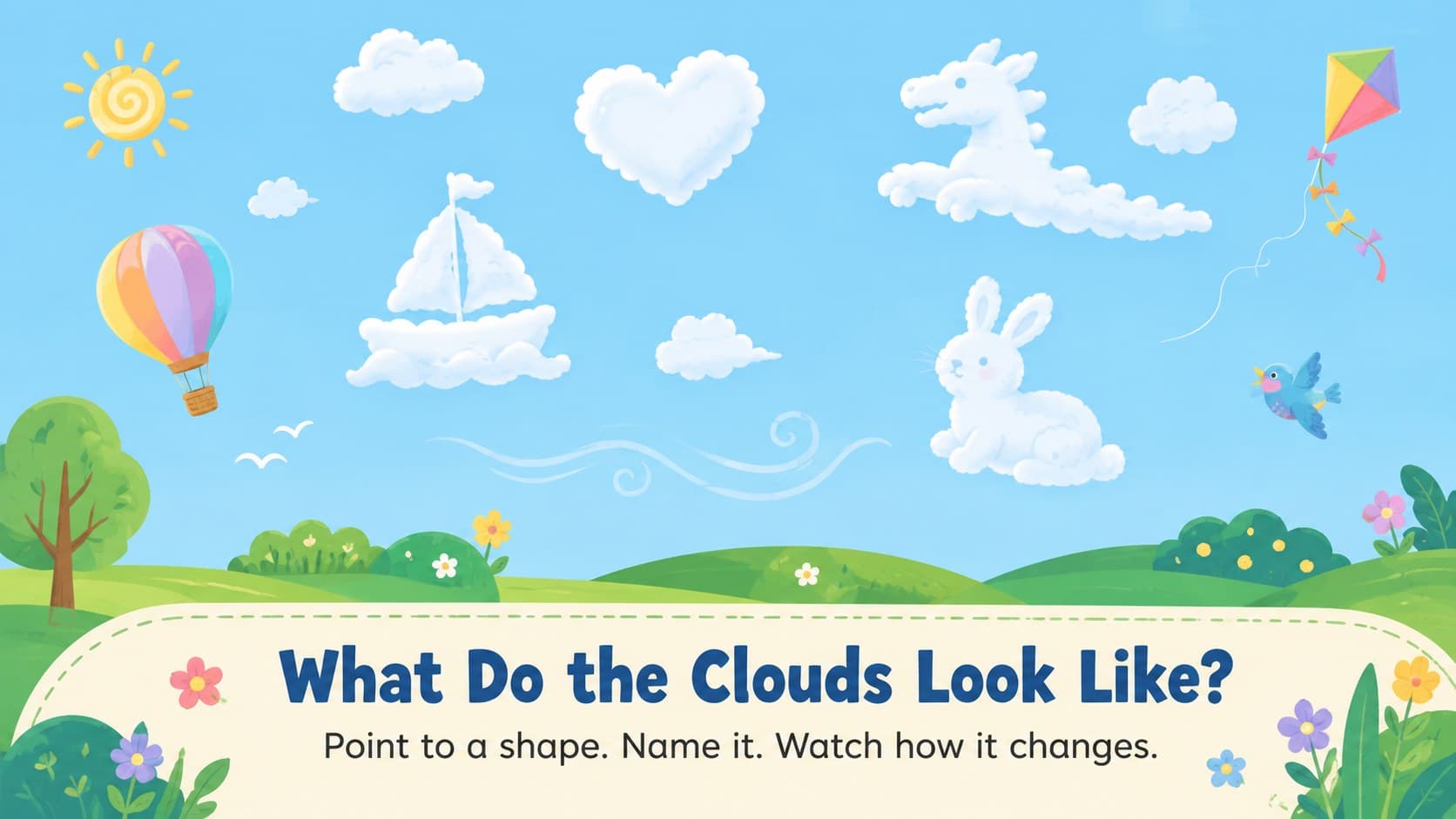 Cloud spotting slide with imaginative sky observation prompts for a preschool nature lesson.