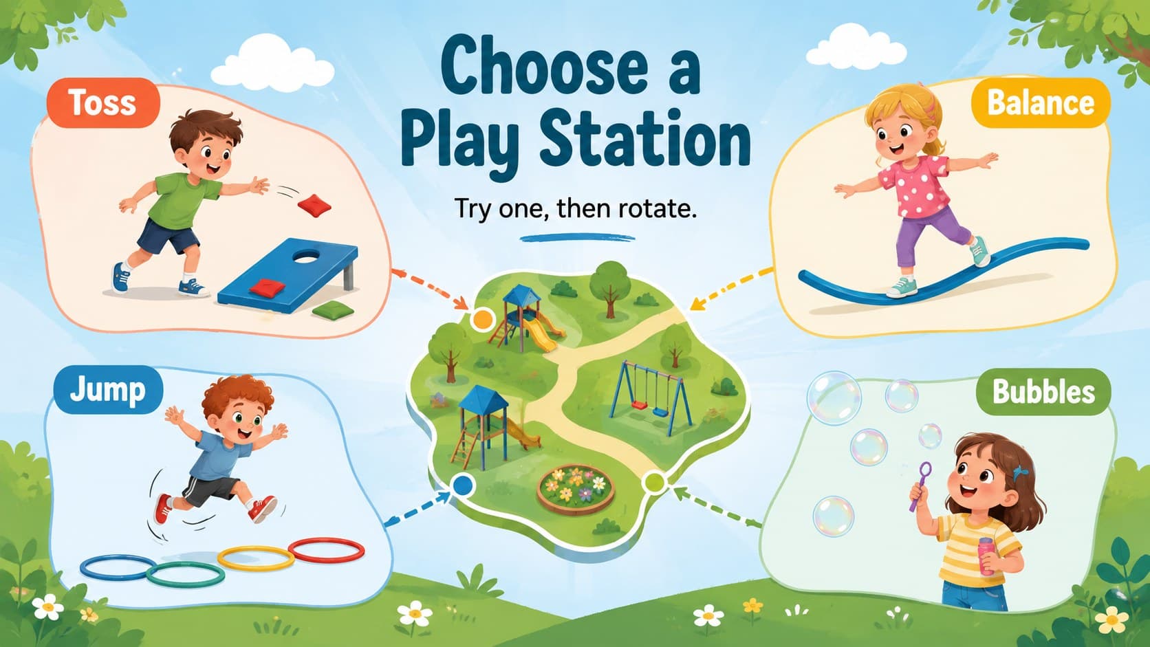 Preschool playground station ideas displayed as four illustrated outdoor activity zones.