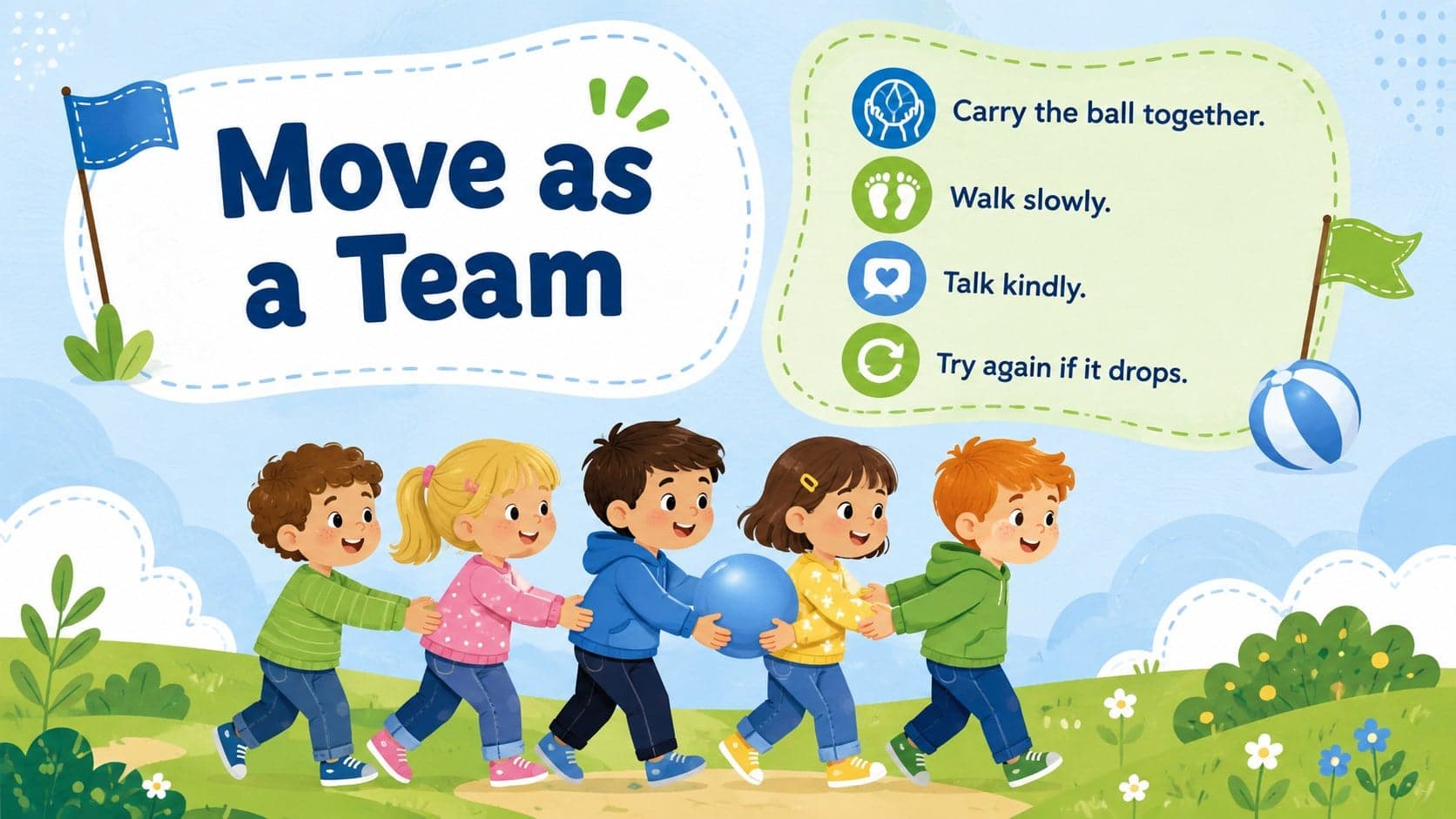 Teamwork game slide showing preschool children cooperating during an outdoor activity.