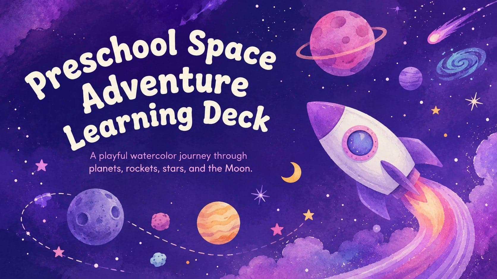 Cover of the Preschool Space Adventure Learning Deck with purple watercolor planets, a rocket, and twinkling stars.