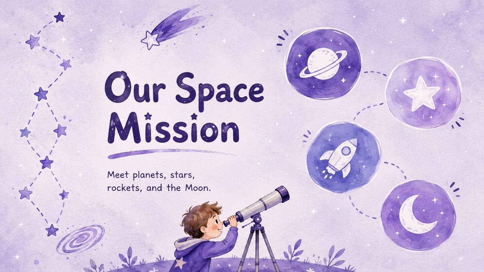 Purple watercolor space lesson overview slide introducing planets, stars, rockets, and the Moon for preschool learners.