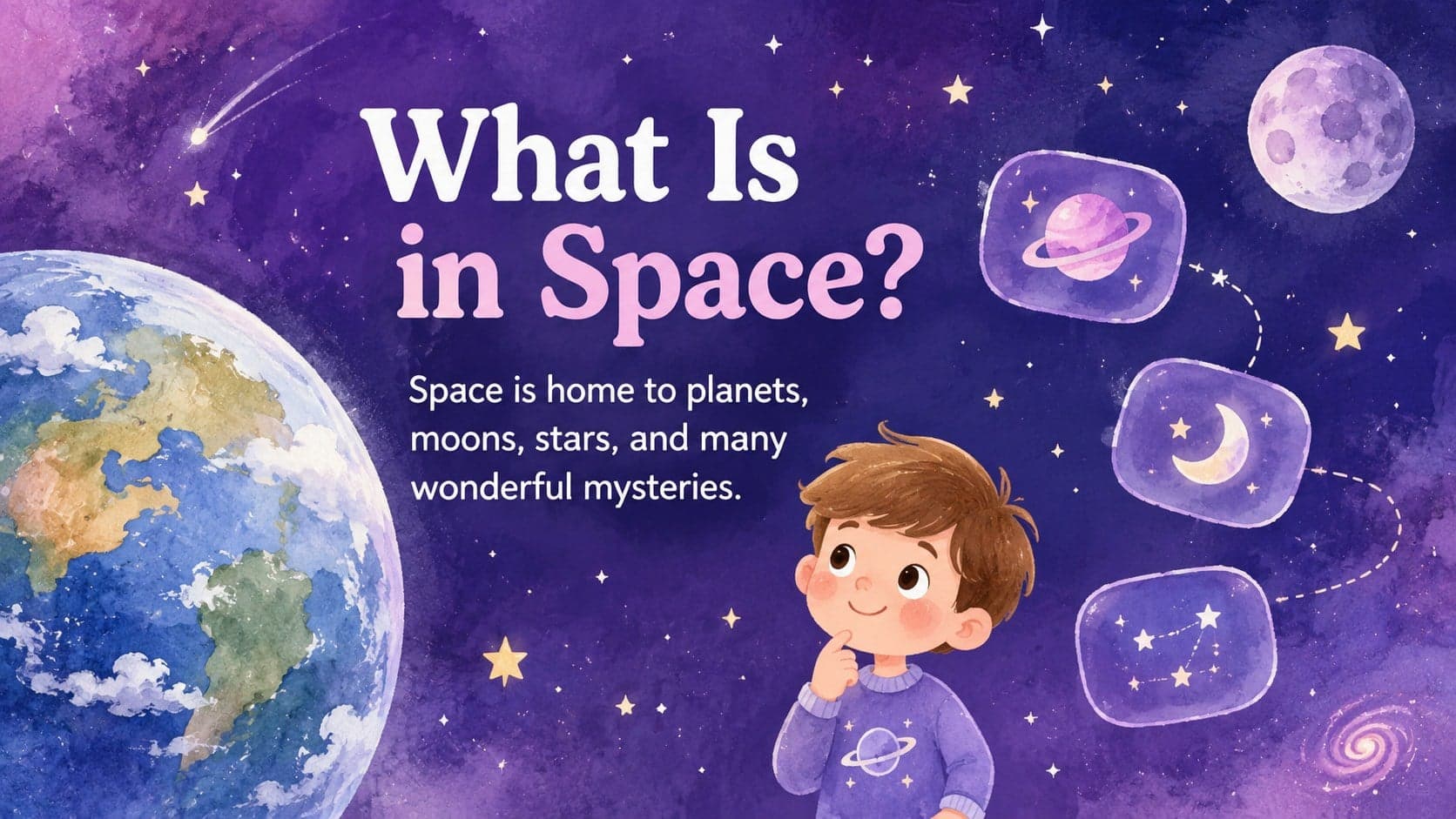 Preschool space lesson presentation slide showing Earth, the Moon, and stars in a watercolor night sky.