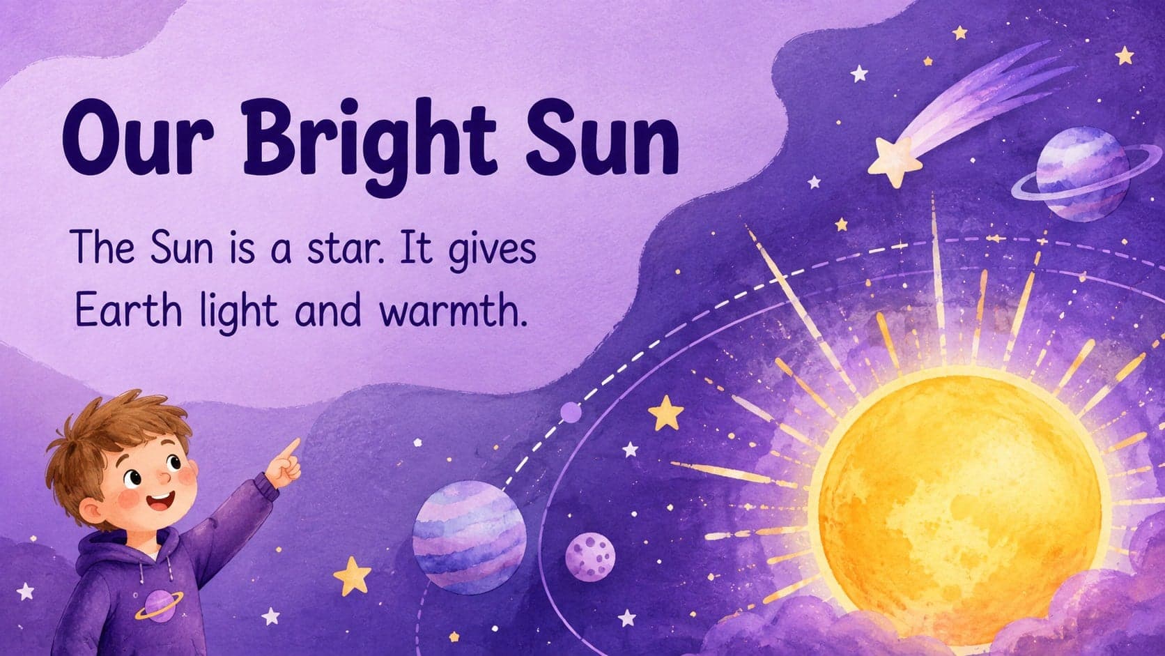 Watercolor astronomy template slide presenting the Sun as a bright star for early learners.