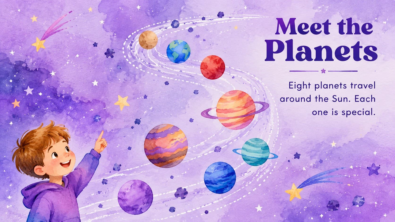 Young learners solar system activity slide with watercolor planets arranged along a winding orbit.
