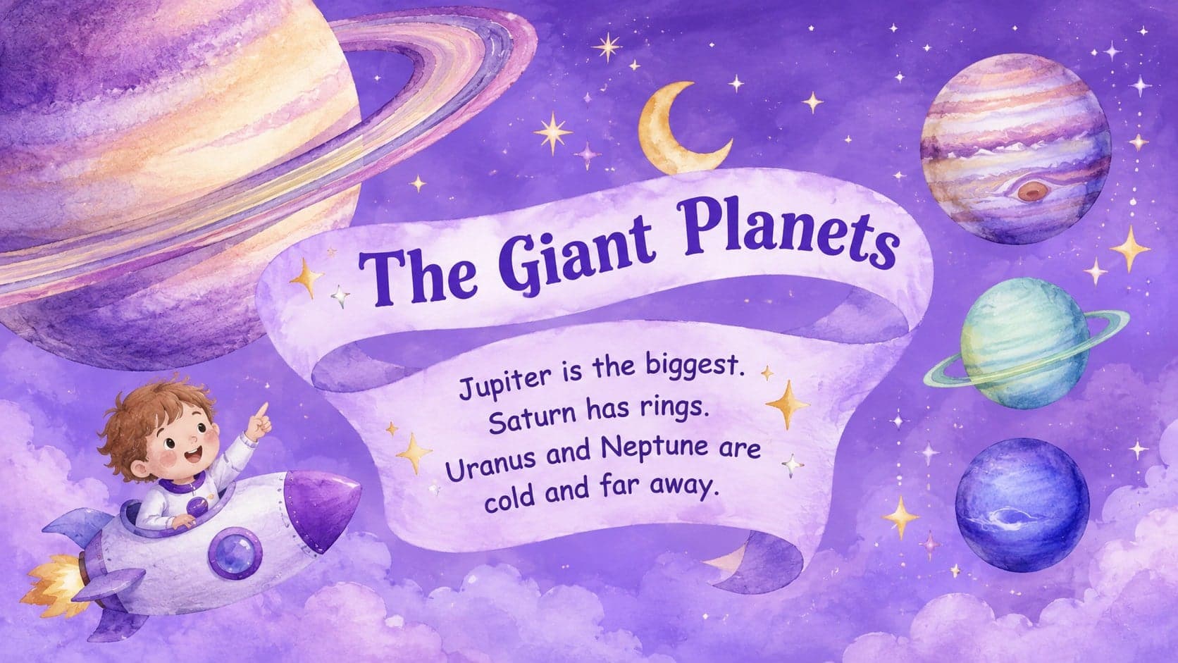 Illustrated early years space classroom slide introducing Jupiter, Saturn, Uranus, and Neptune.