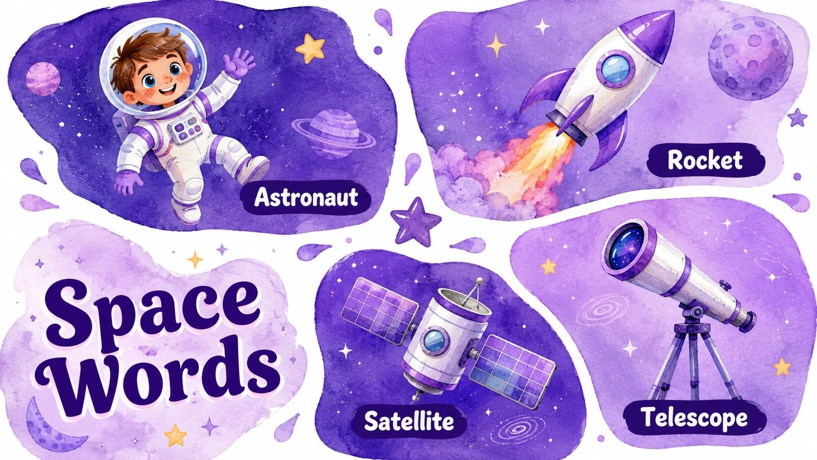 Kid-friendly space vocabulary slide featuring an original astronaut, rocket, telescope, and satellite.