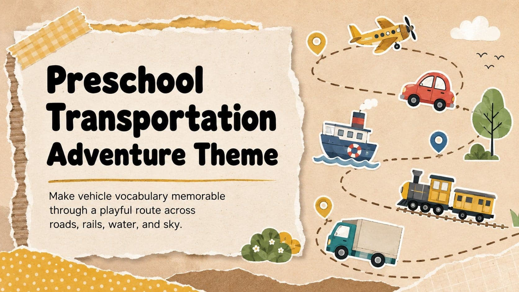 Cover of the Preschool Transportation Adventure Theme with playful road, rail, water, and air vehicle illustrations.