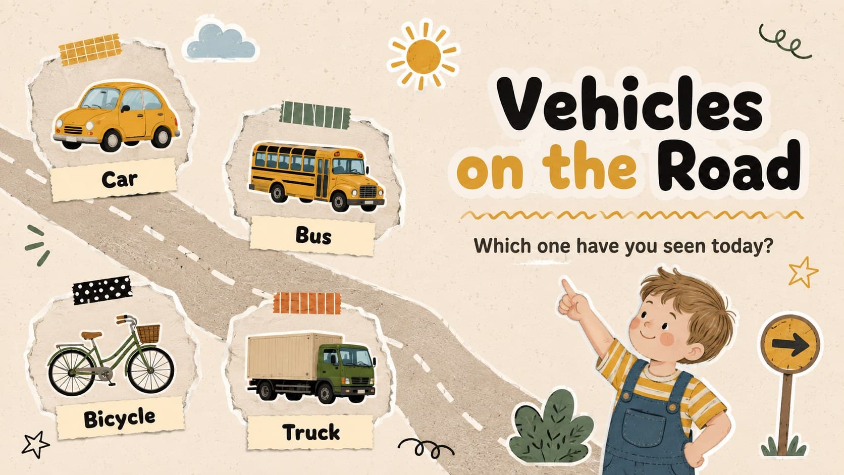 Early years vehicle vocabulary slide featuring a car, bus, bicycle, and truck on a scrapbook road scene.
