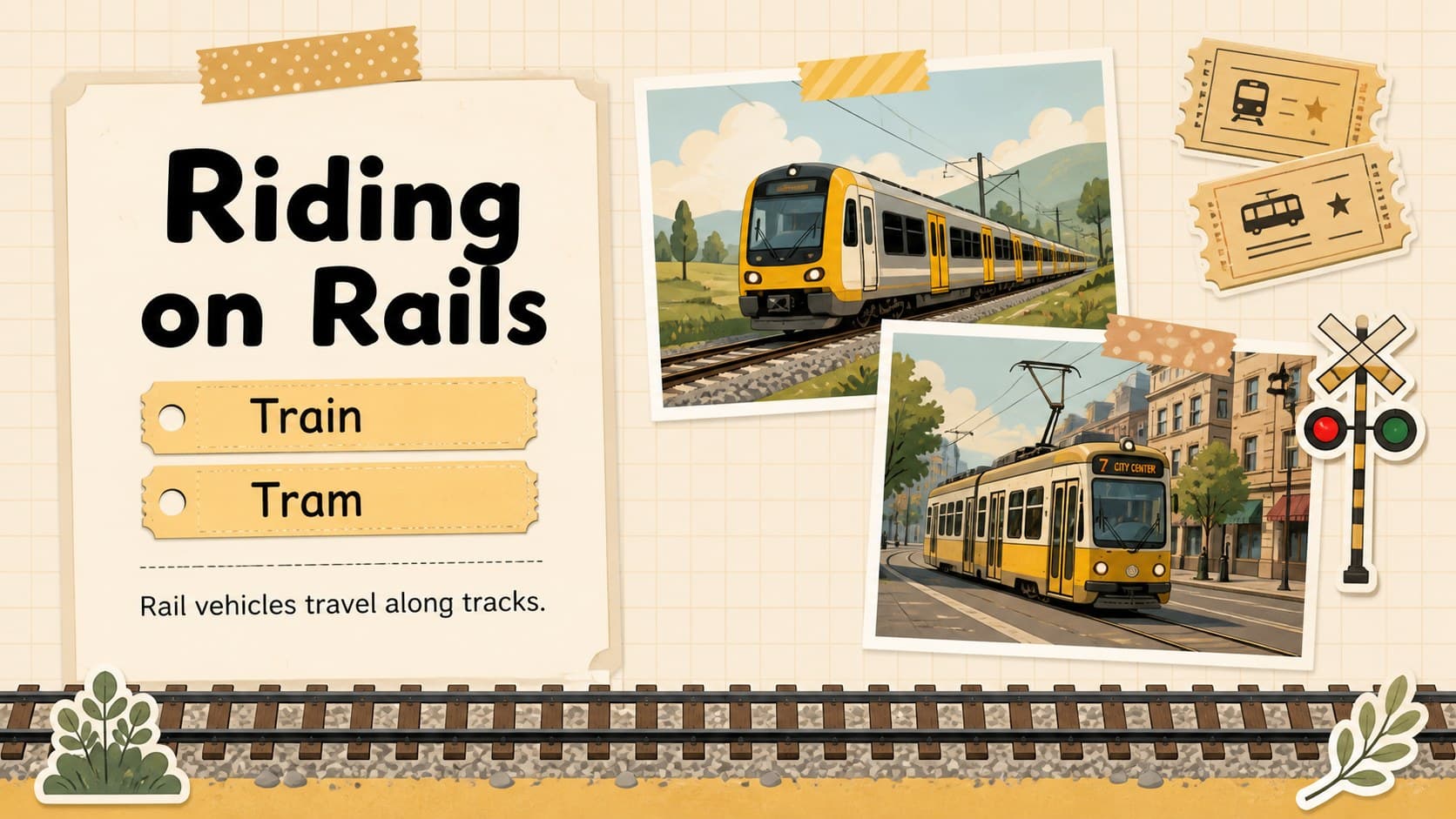 Preschool rail transport slide with a train and tram presented as labeled scrapbook cutouts.