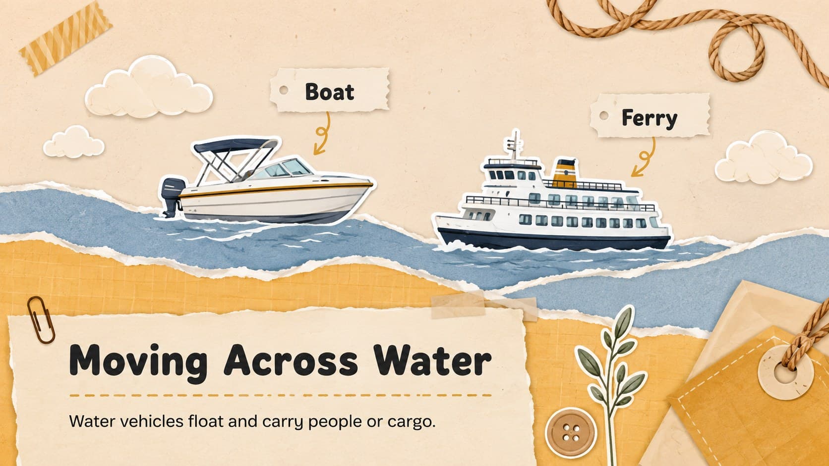 Land air water vehicles lesson slide displaying a boat and ferry on a child-friendly paper ocean.